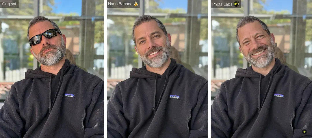 Remove the glasses and make him smile