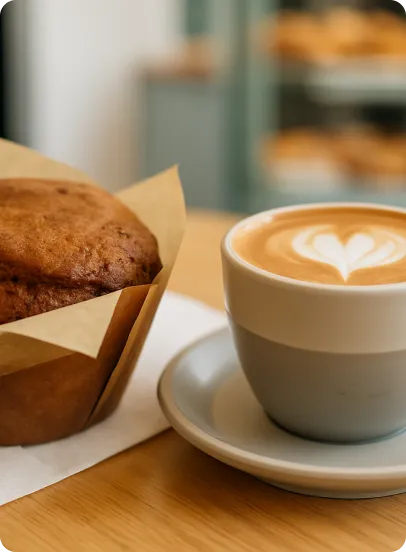 A professional shot of a coffee and a muffin in a bright cafe