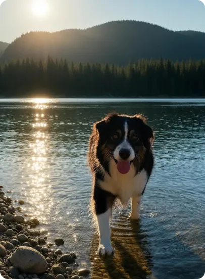 A cute mini aussie by a lake at sunset
