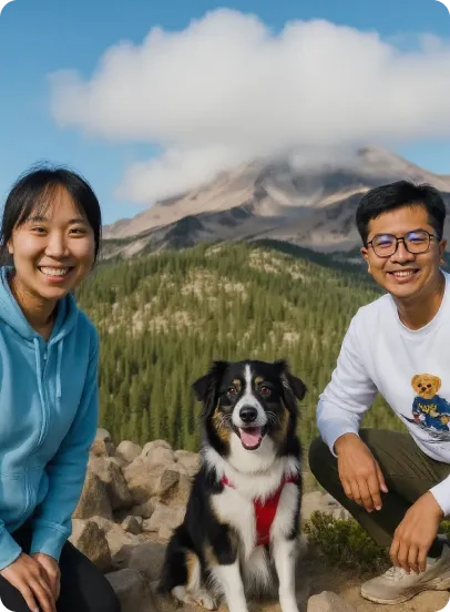 A couple with their mini aussie in front of mount shasta