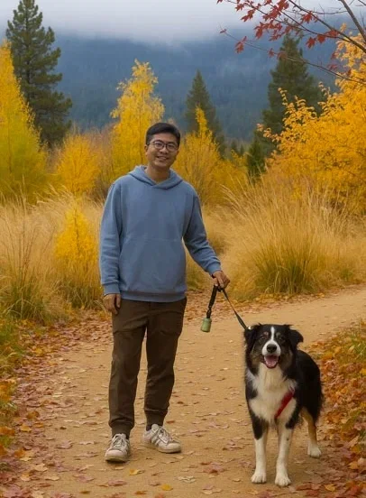 A man and his mini aussie on an autumn trail