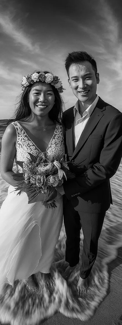 A newly wed on the beach, b&w style