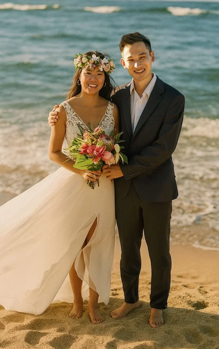 A newly wed on the beach, vintage style