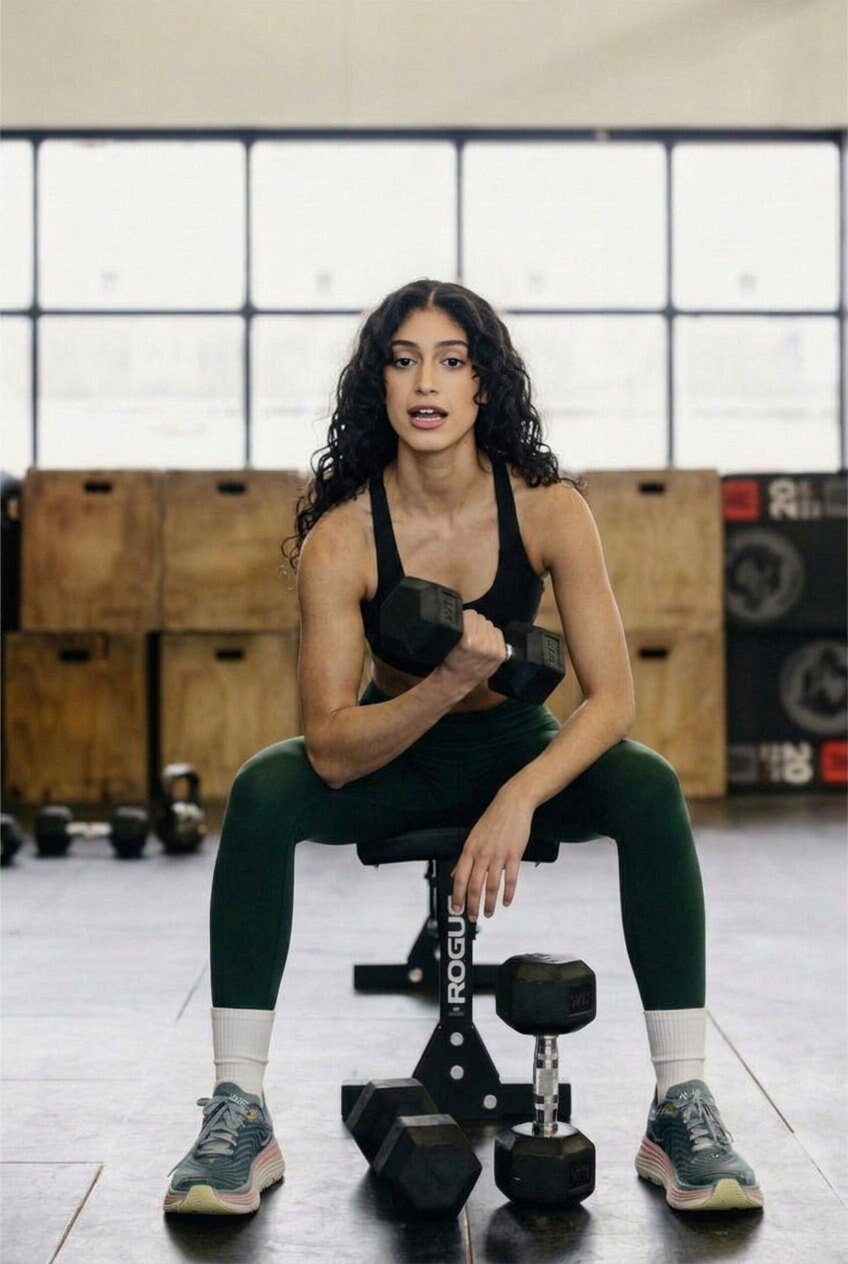The same person, now mid-instruction doing a seated dumbbell curl