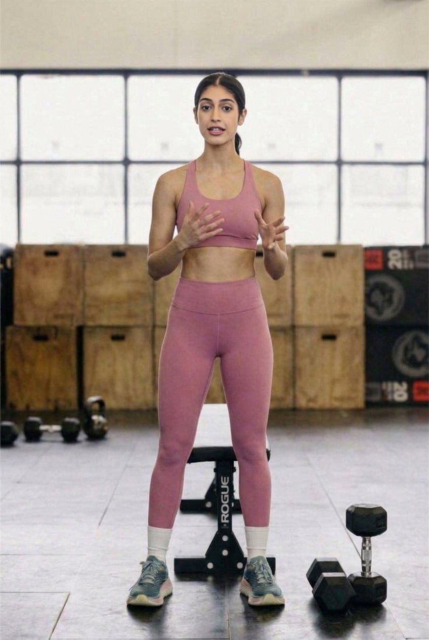 The same person, now standing and talking through the workout