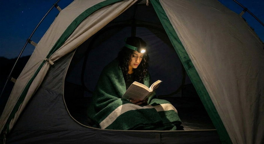 Reading by headlamp in the tent