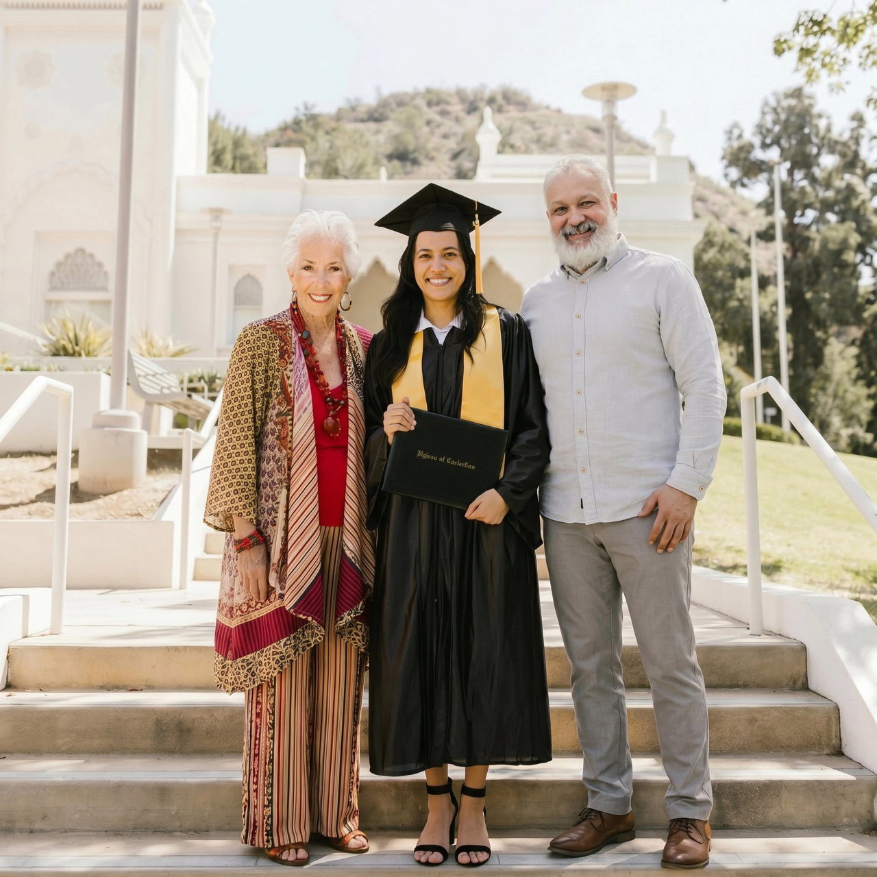 Graduation photo of three people on the steps