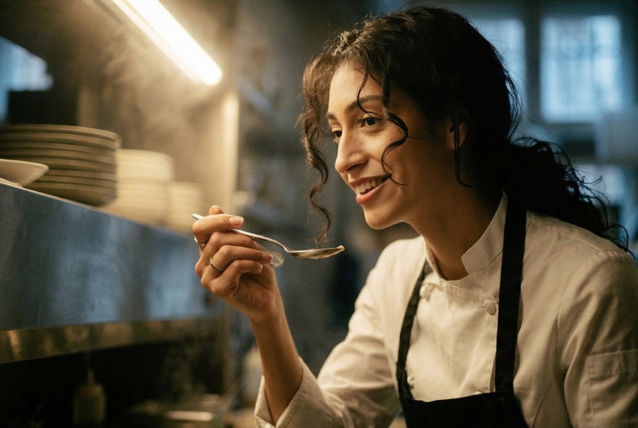 End keyframe — the same chef, plating finished