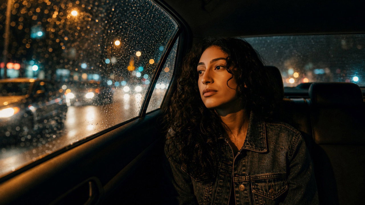 Start keyframe — the same character in a cab at night