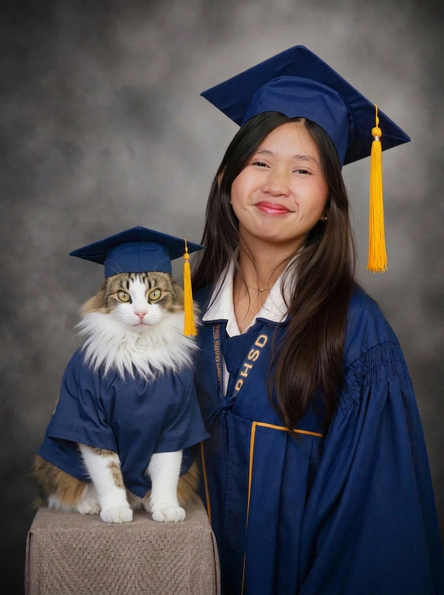 Coco the cat in a graduation cap and gown beside the graduate