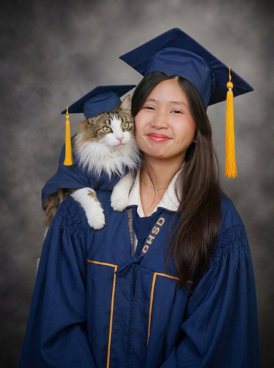 Coco the cat perched on the graduate's shoulder
