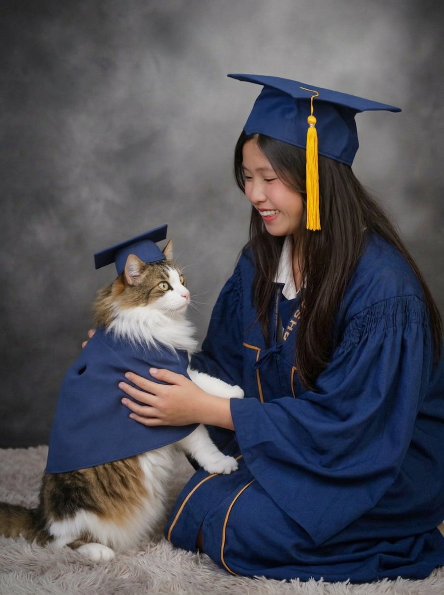 Coco the cat nose to nose with the graduate
