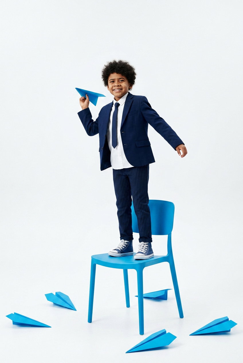 Noah in a navy suit among paper airplanes
