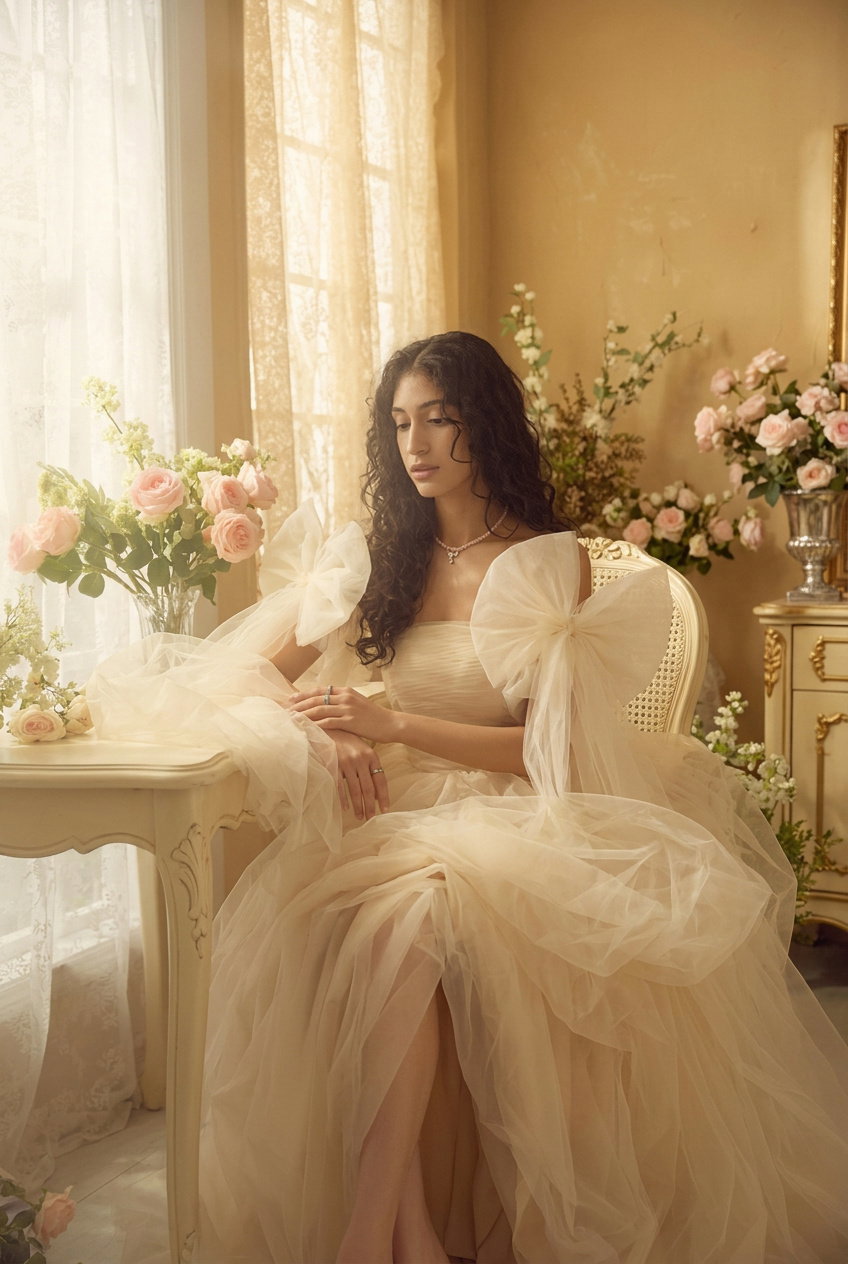 Tiana in a tulle ballgown at a vanity