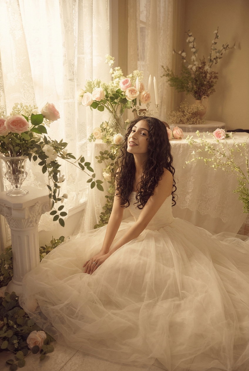Tiana in a strapless ballgown among roses