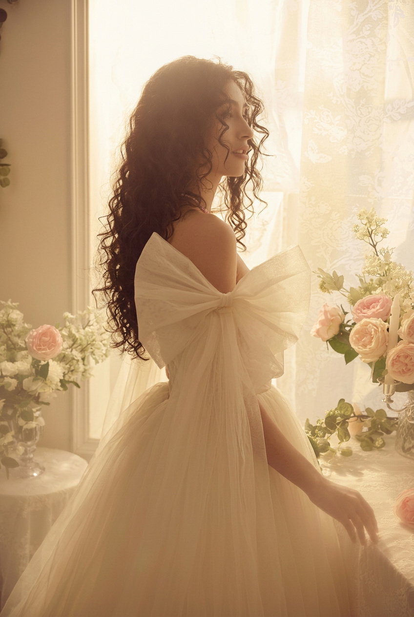 Tiana in a tulle gown with a back bow