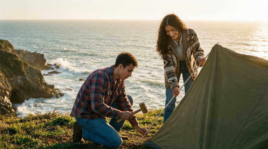 Storyboard panel 5 — pitching a tent at golden hour