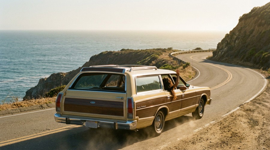 Storyboard panel 9 — driving the coast highway