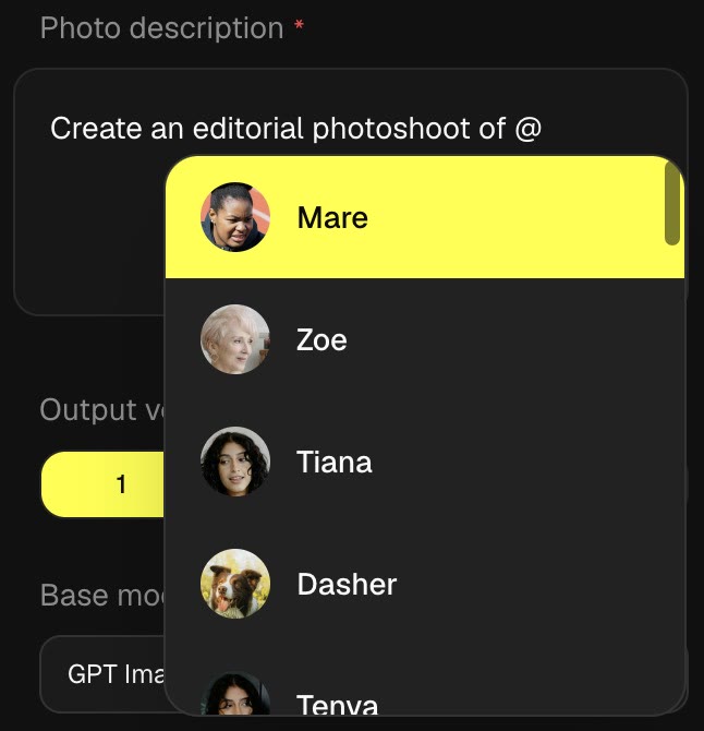 Typing @ in the prompt box opens the list of trained profiles.