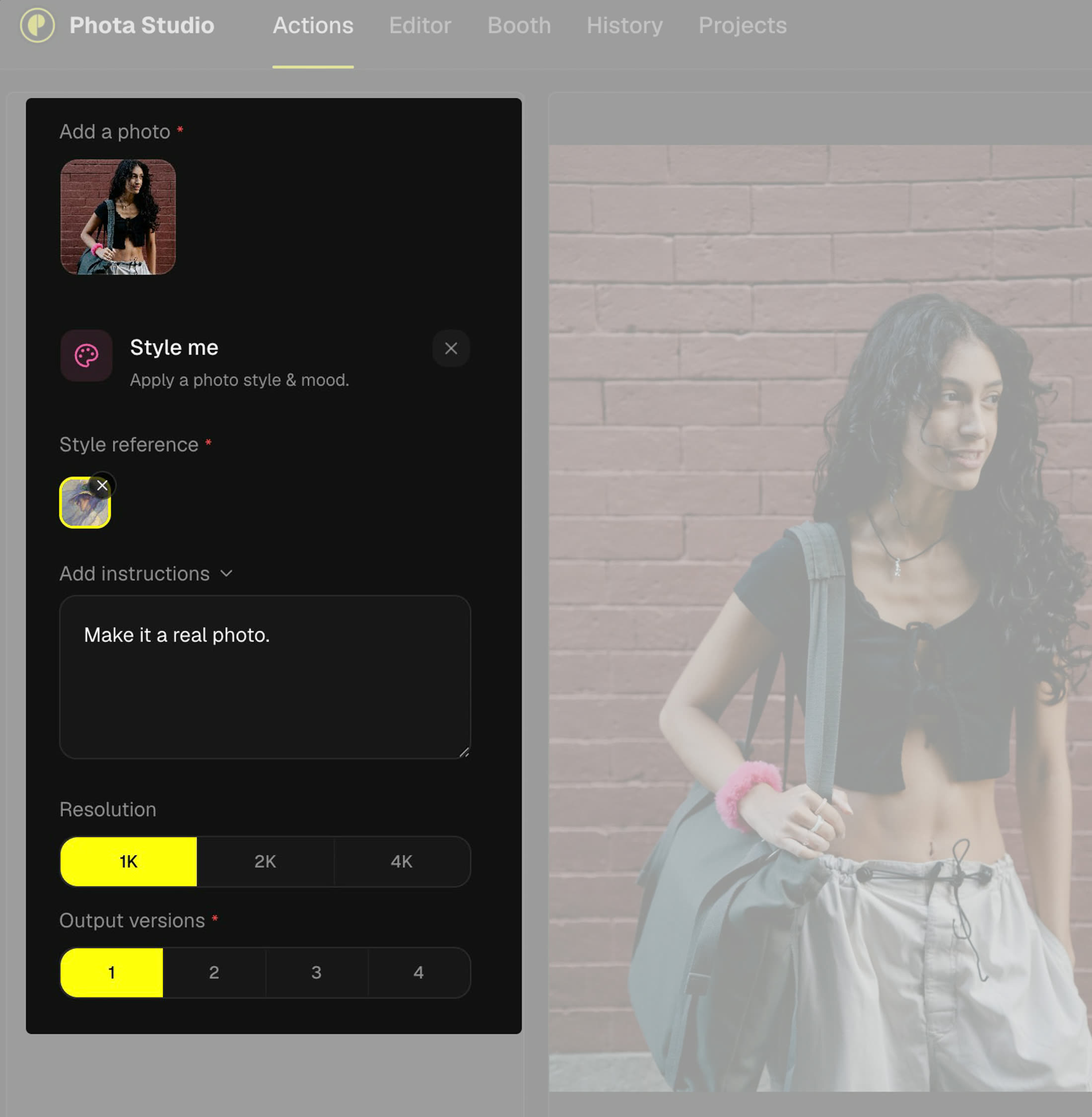 Every quick action takes optional instructions — here, telling Style me to keep the result photographic rather than painterly.