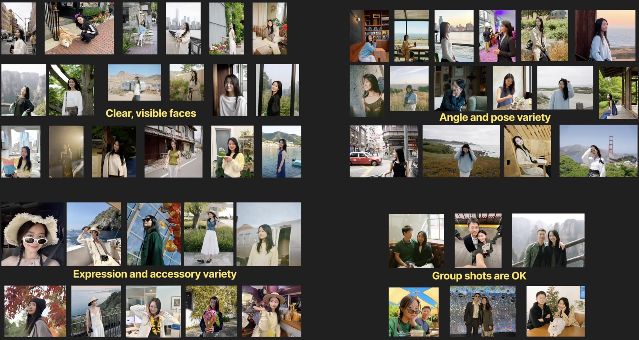 A training set worth aiming for: faces you can read, shot from different angles, in different moods, some of them alongside other people.